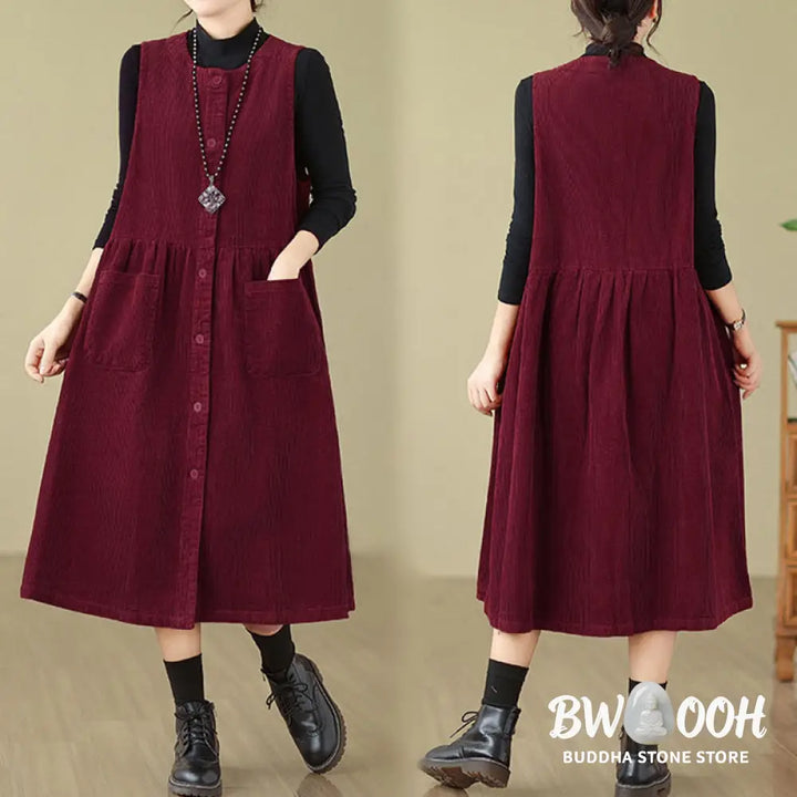 Buddha Stones Fall Retro Buttons Design Corduroy Sleeveless Midi Dress With Pockets - Midi Dress