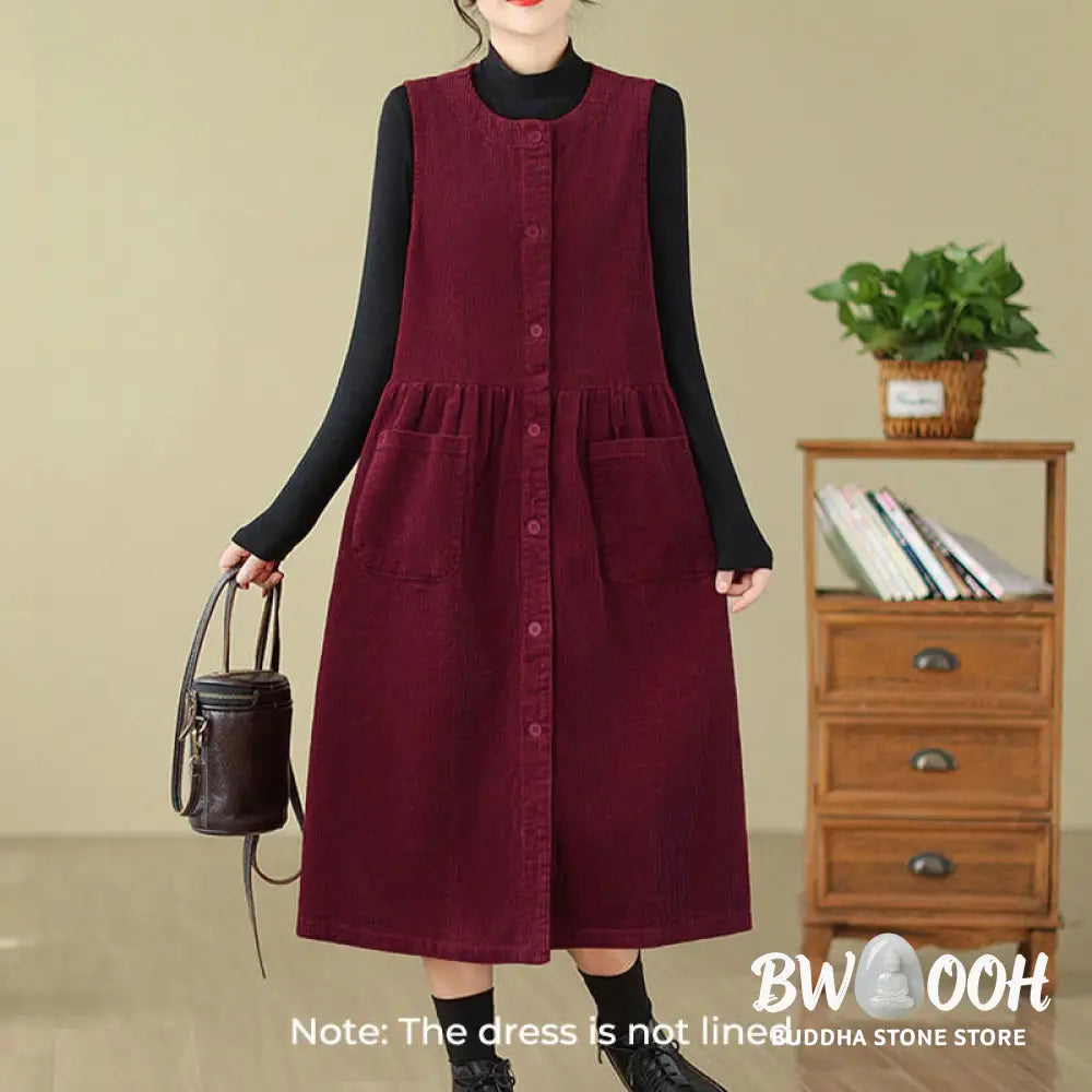 Buddha Stones Fall Retro Buttons Design Corduroy Sleeveless Midi Dress With Pockets - Midi Dress