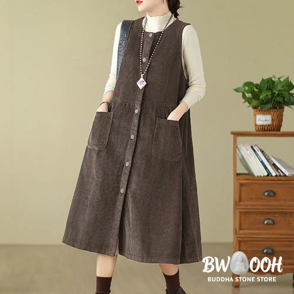 Buddha Stones Fall Retro Buttons Design Corduroy Sleeveless Midi Dress With Pockets - Midi Dress
