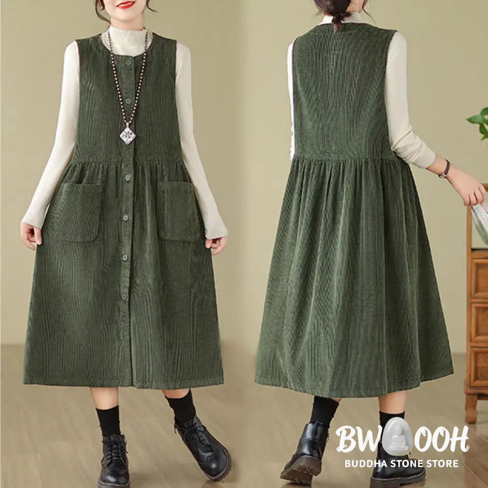 Buddha Stones Fall Retro Buttons Design Corduroy Sleeveless Midi Dress With Pockets - Midi Dress