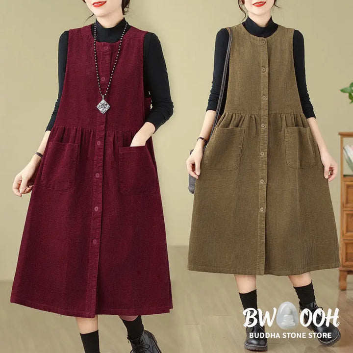 Buddha Stones Fall Retro Buttons Design Corduroy Sleeveless Midi Dress With Pockets - Midi Dress