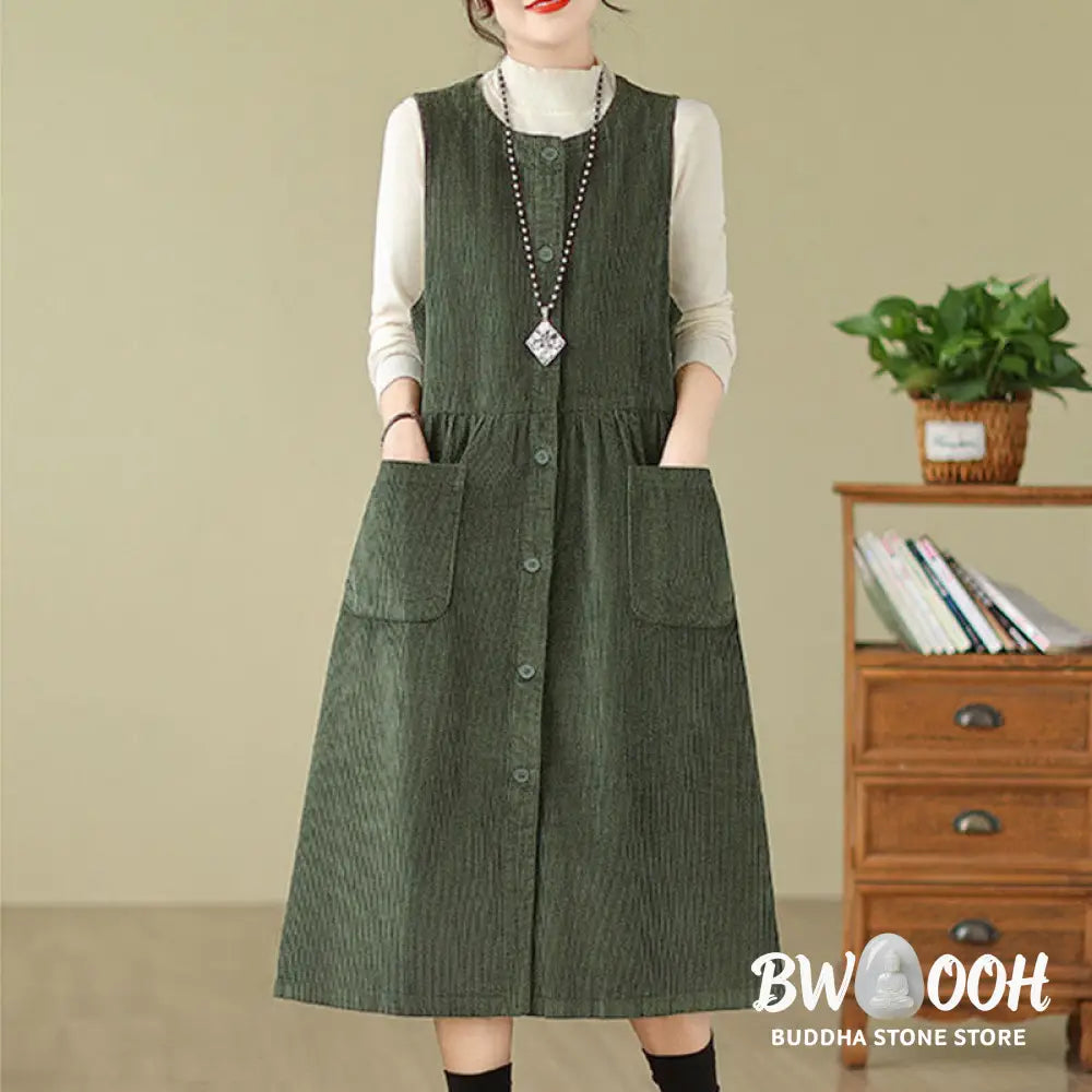 Buddha Stones Fall Retro Buttons Design Corduroy Sleeveless Midi Dress With Pockets - Midi Dress
