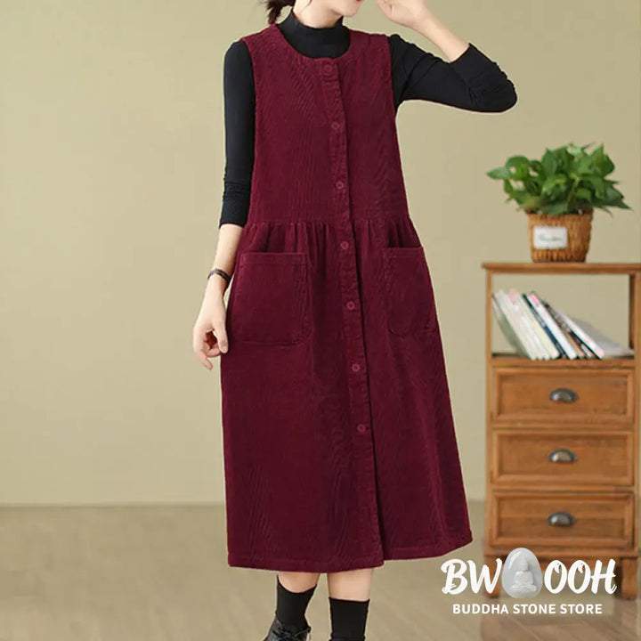 Buddha Stones Fall Retro Buttons Design Corduroy Sleeveless Midi Dress With Pockets - Midi Dress
