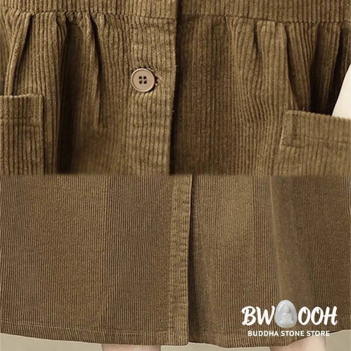 Buddha Stones Fall Retro Buttons Design Corduroy Sleeveless Midi Dress With Pockets - Midi Dress