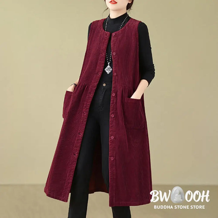 Buddha Stones Fall Retro Buttons Design Corduroy Sleeveless Midi Dress With Pockets - Midi Dress