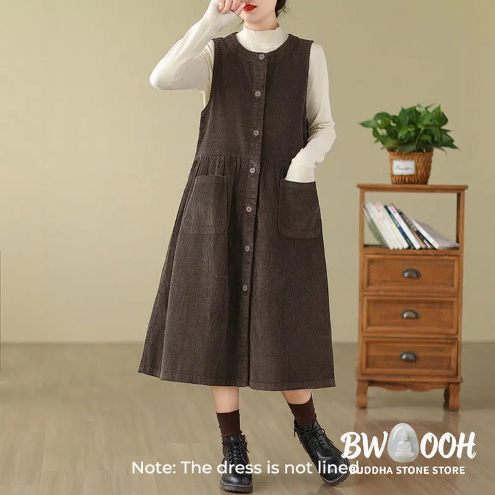 Buddha Stones Fall Retro Buttons Design Corduroy Sleeveless Midi Dress With Pockets - Midi Dress