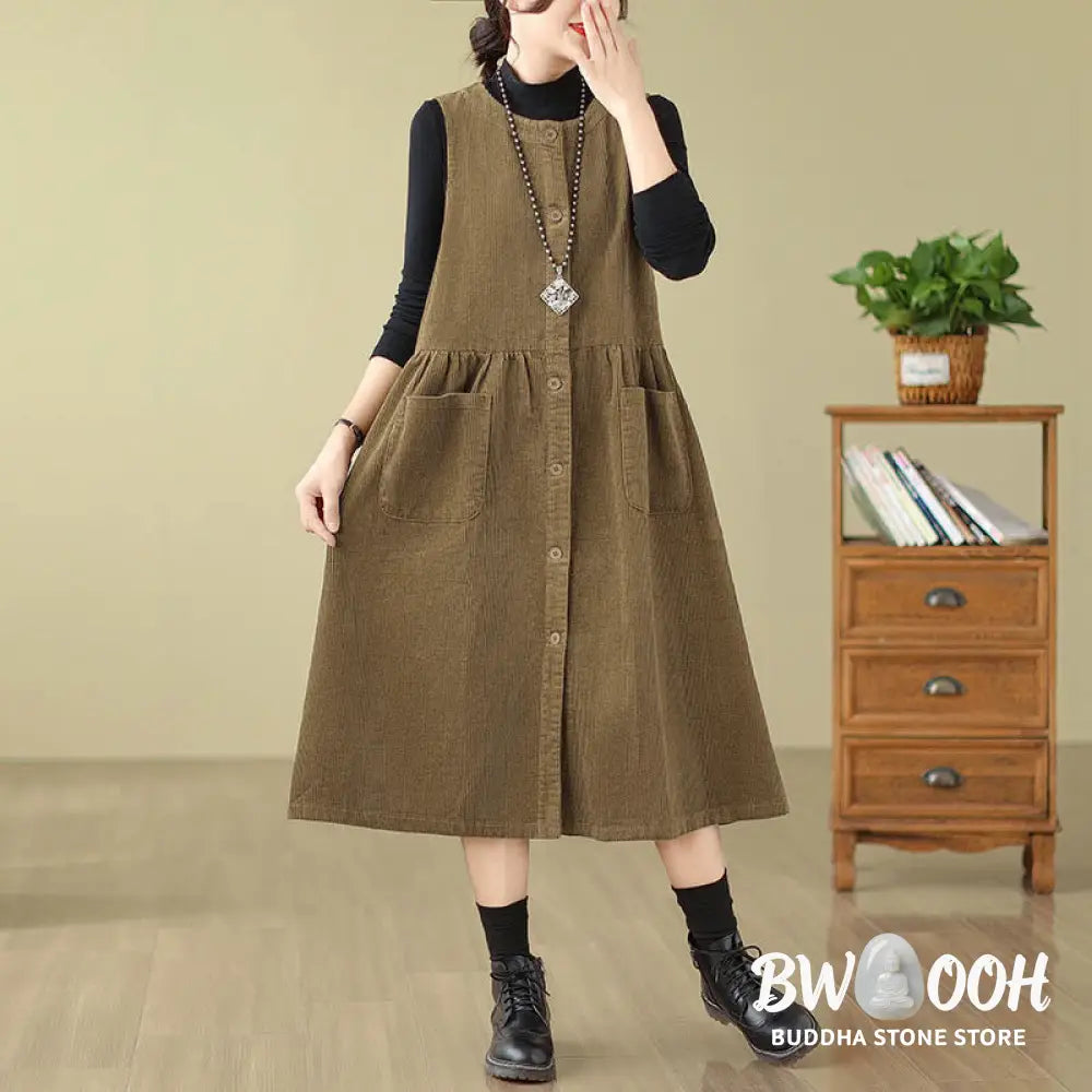 Buddha Stones Fall Retro Buttons Design Corduroy Sleeveless Midi Dress With Pockets - Midi Dress