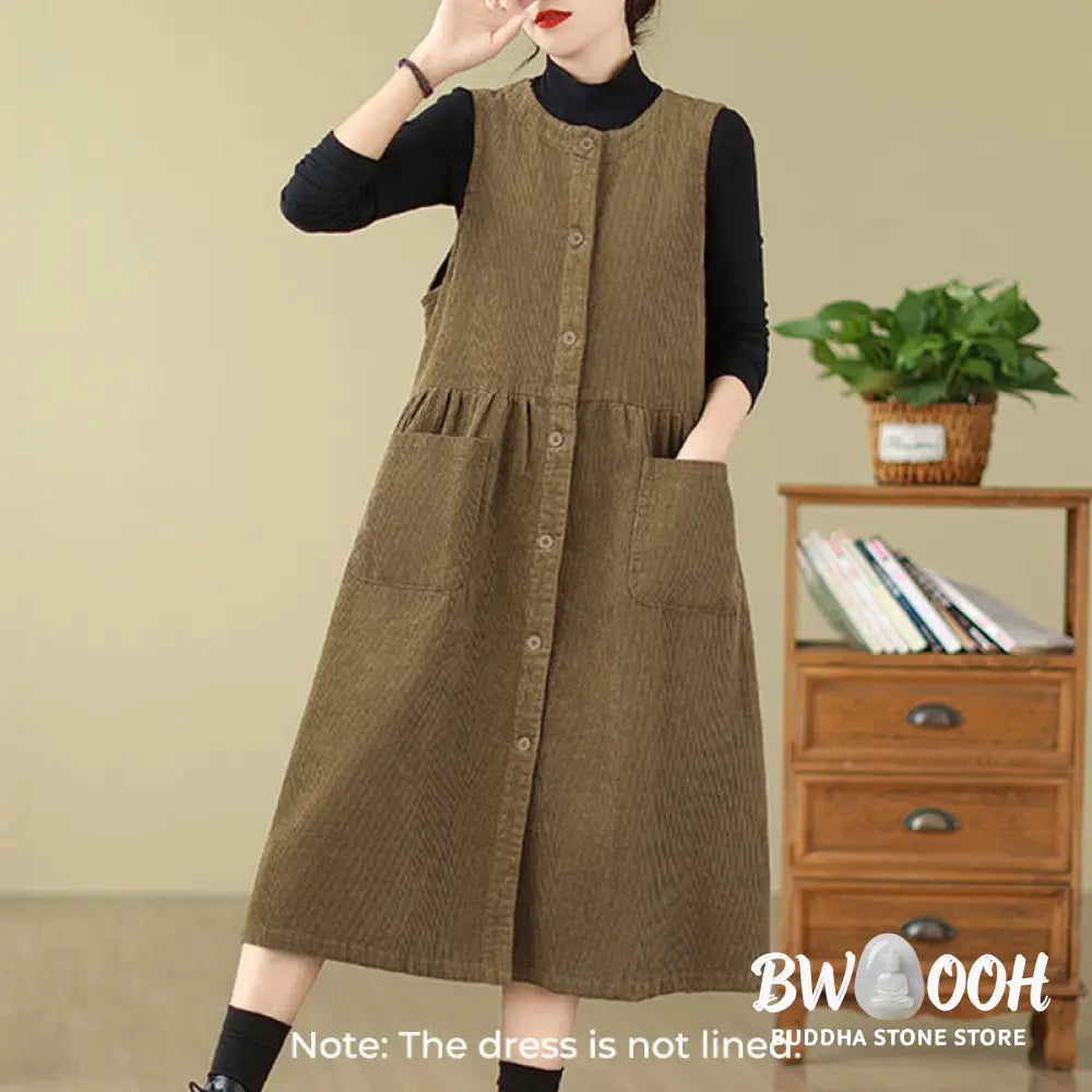 Buddha Stones Fall Retro Buttons Design Corduroy Sleeveless Midi Dress With Pockets - Midi Dress
