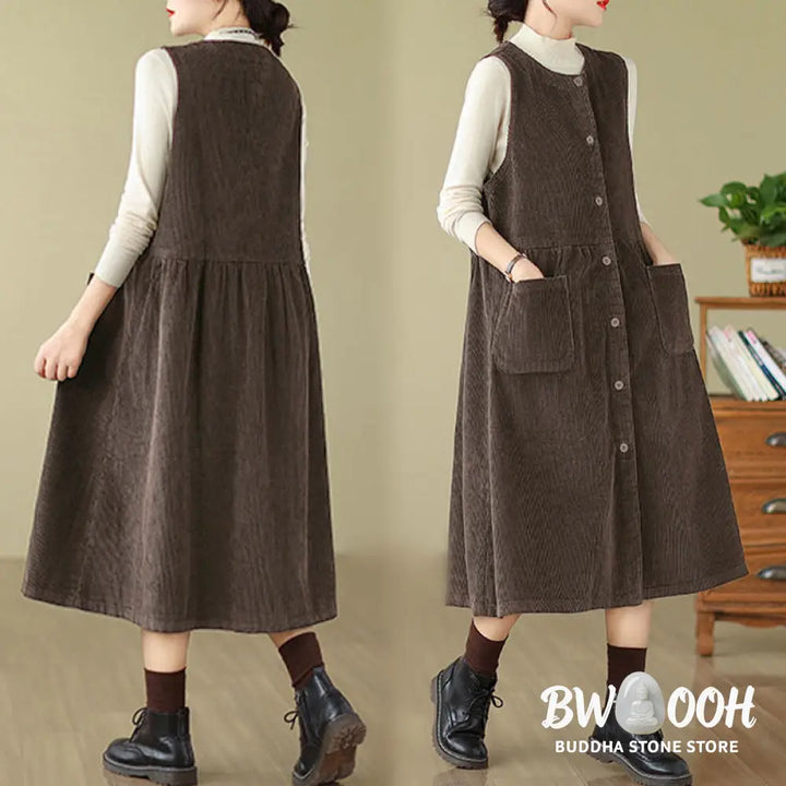 Buddha Stones Fall Retro Buttons Design Corduroy Sleeveless Midi Dress With Pockets - Midi Dress