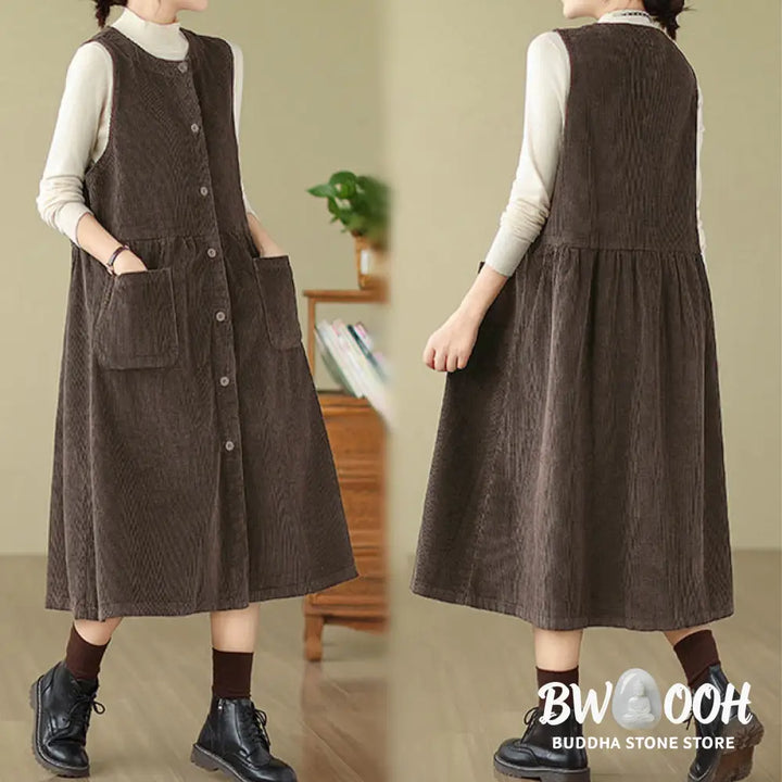 Buddha Stones Fall Retro Buttons Design Corduroy Sleeveless Midi Dress With Pockets - Midi Dress