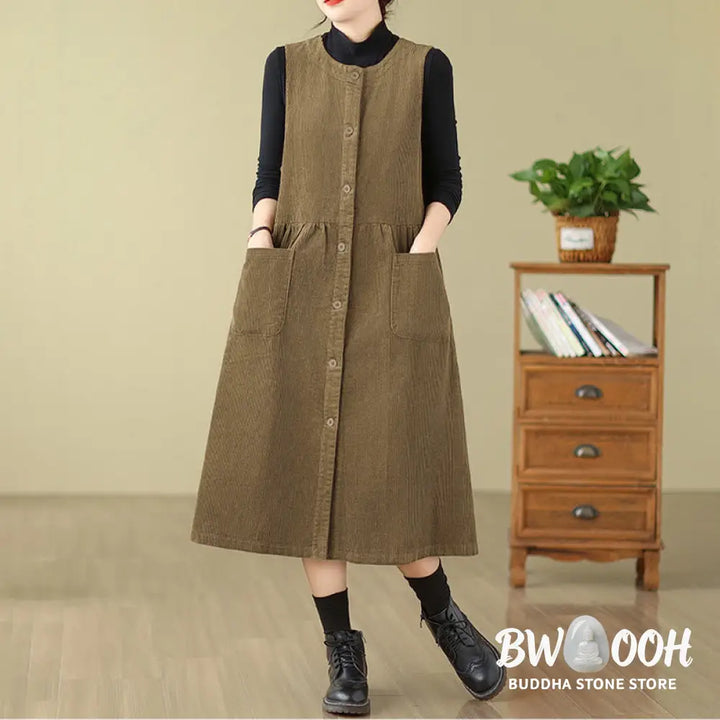 Buddha Stones Fall Retro Buttons Design Corduroy Sleeveless Midi Dress With Pockets - Midi Dress