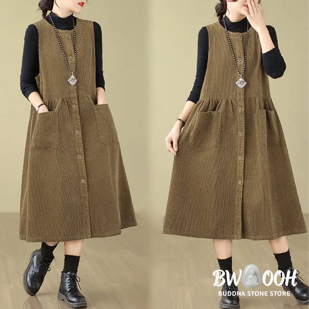 Buddha Stones Fall Retro Buttons Design Corduroy Sleeveless Midi Dress With Pockets - Midi Dress