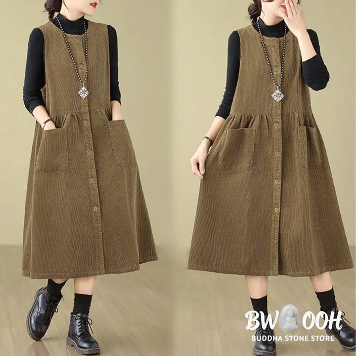 Buddha Stones Fall Retro Buttons Design Corduroy Sleeveless Midi Dress With Pockets - Midi Dress