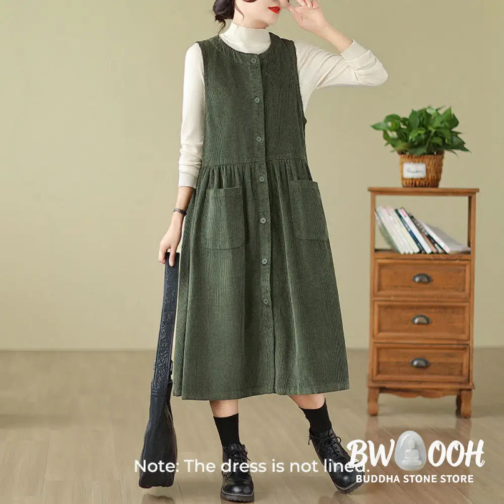 Buddha Stones Fall Retro Buttons Design Corduroy Sleeveless Midi Dress With Pockets - Midi Dress
