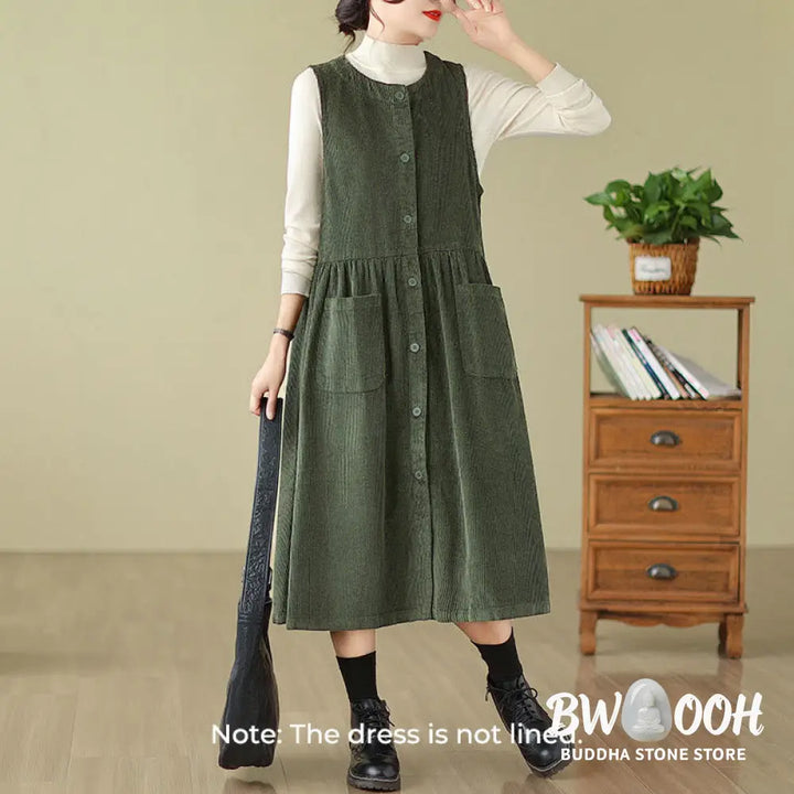 Buddha Stones Fall Retro Buttons Design Corduroy Sleeveless Midi Dress With Pockets - Midi Dress