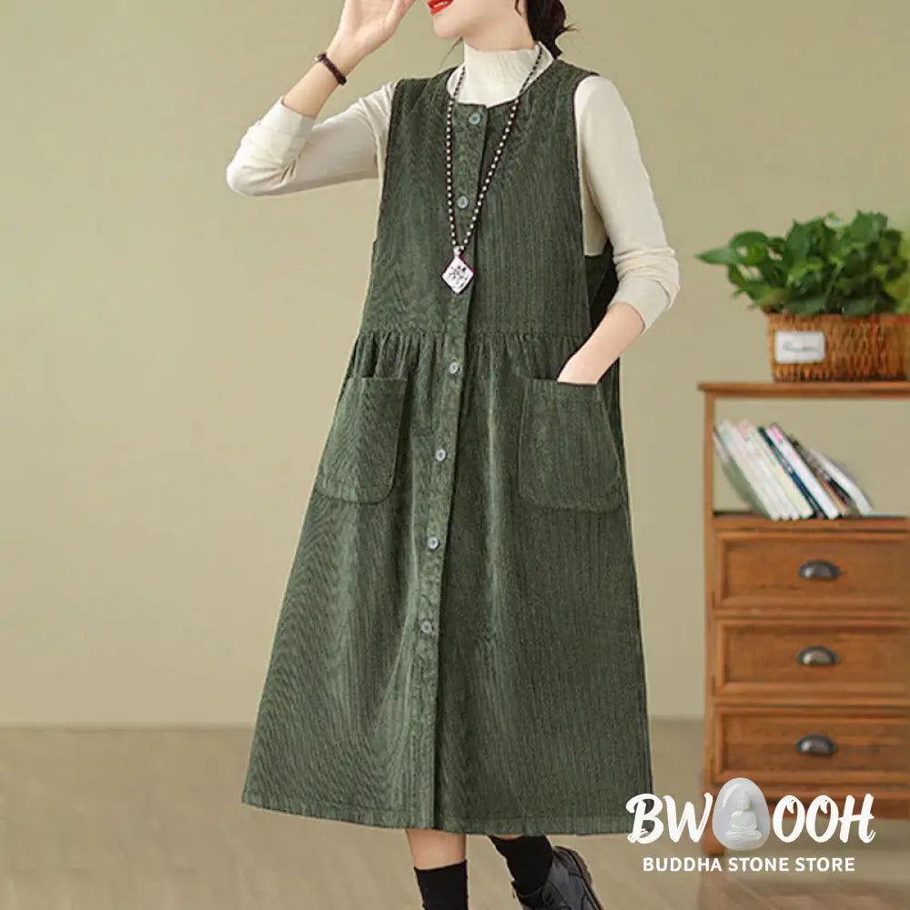 Buddha Stones Fall Retro Buttons Design Corduroy Sleeveless Midi Dress With Pockets - Midi Dress