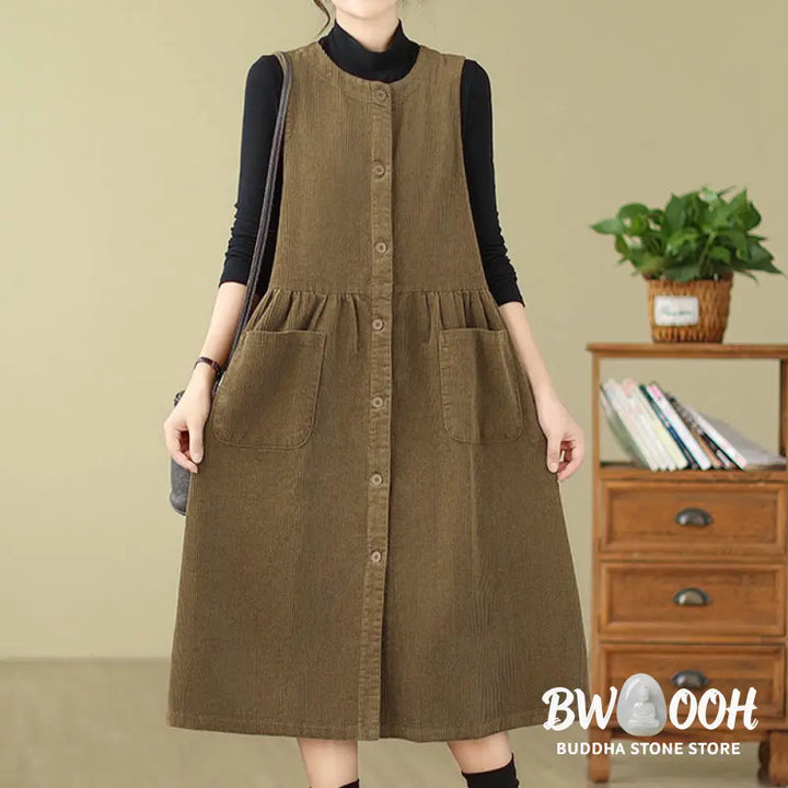 Buddha Stones Fall Retro Buttons Design Corduroy Sleeveless Midi Dress With Pockets - Midi Dress