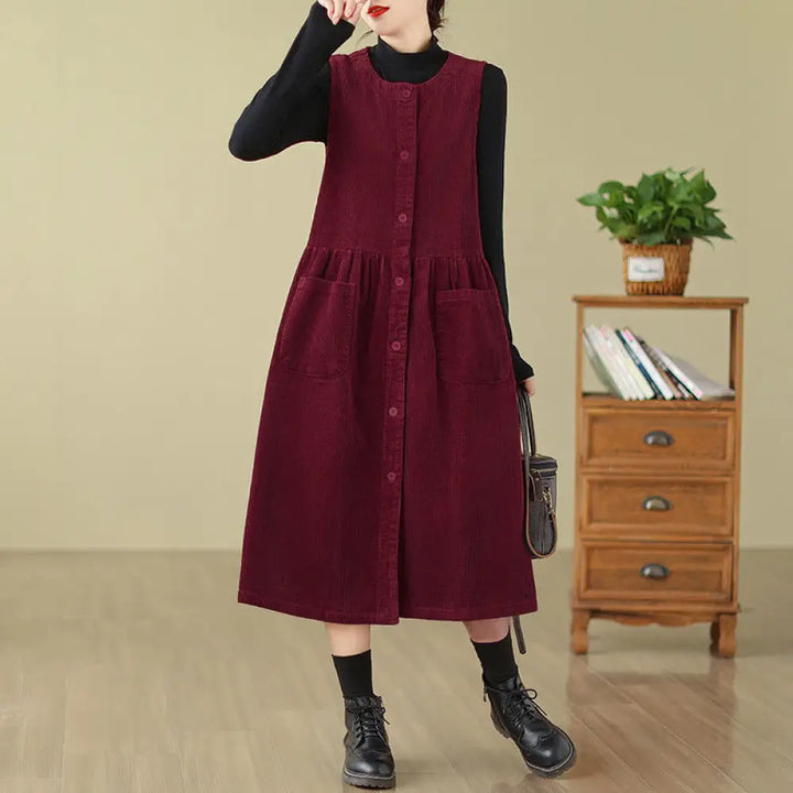 Buddha Stones Fall Retro Buttons Design Corduroy Sleeveless Midi Dress With Pockets - Crimson / US4，UK/AU8，EU36 (L)