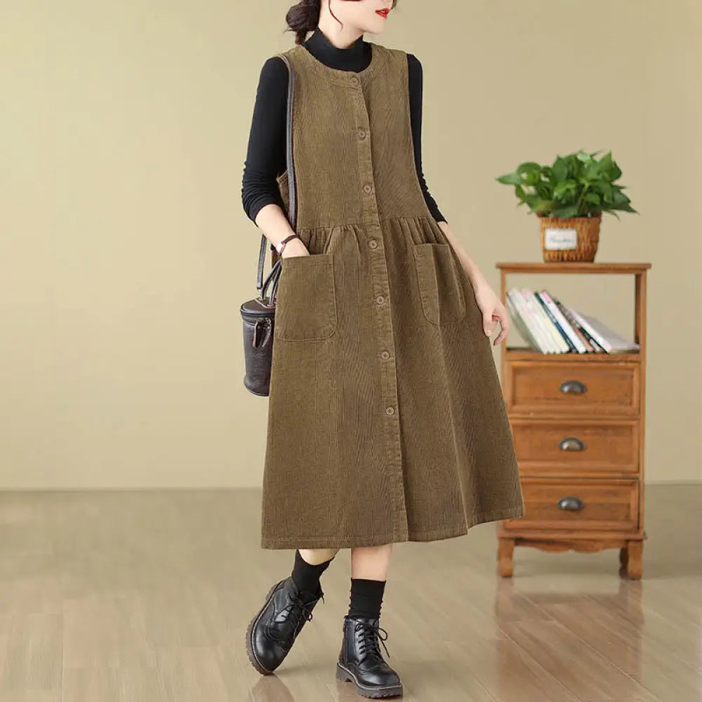 Buddha Stones Fall Retro Buttons Design Corduroy Sleeveless Midi Dress With Pockets - DarkGoldenrod / US4，UK/AU8，EU36