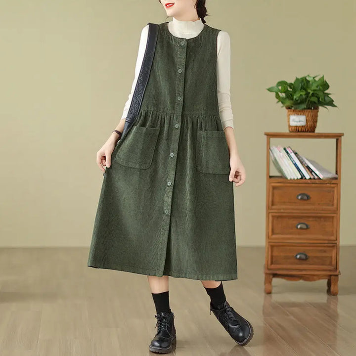 Buddha Stones Fall Retro Buttons Design Corduroy Sleeveless Midi Dress With Pockets - DarkGreen / US4，UK/AU8，EU36 (L)