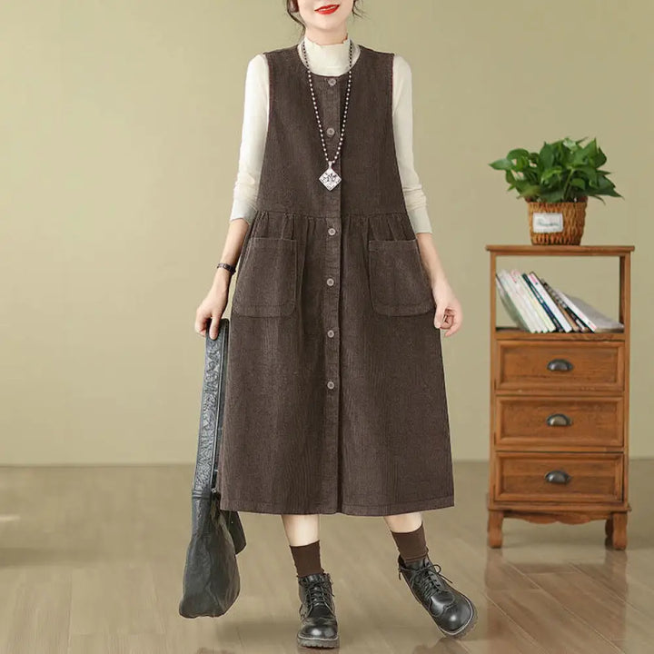 BWOOOH Fall Retro Buttons Design Corduroy Sleeveless Midi