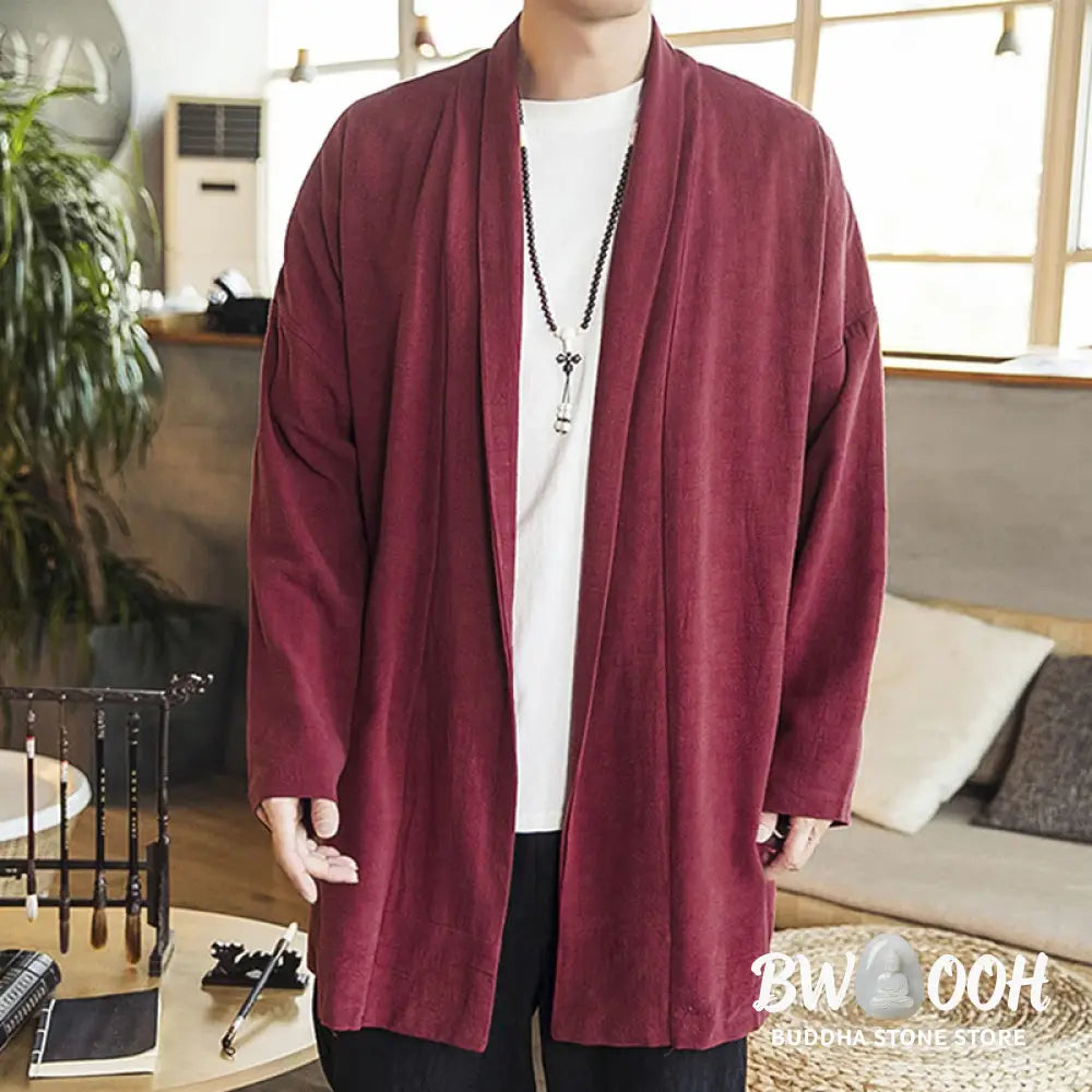 Buddha Stones Fall Simple Casual Cotton Linen Men’s Mid-length Coat Clothing - Men’s Coat