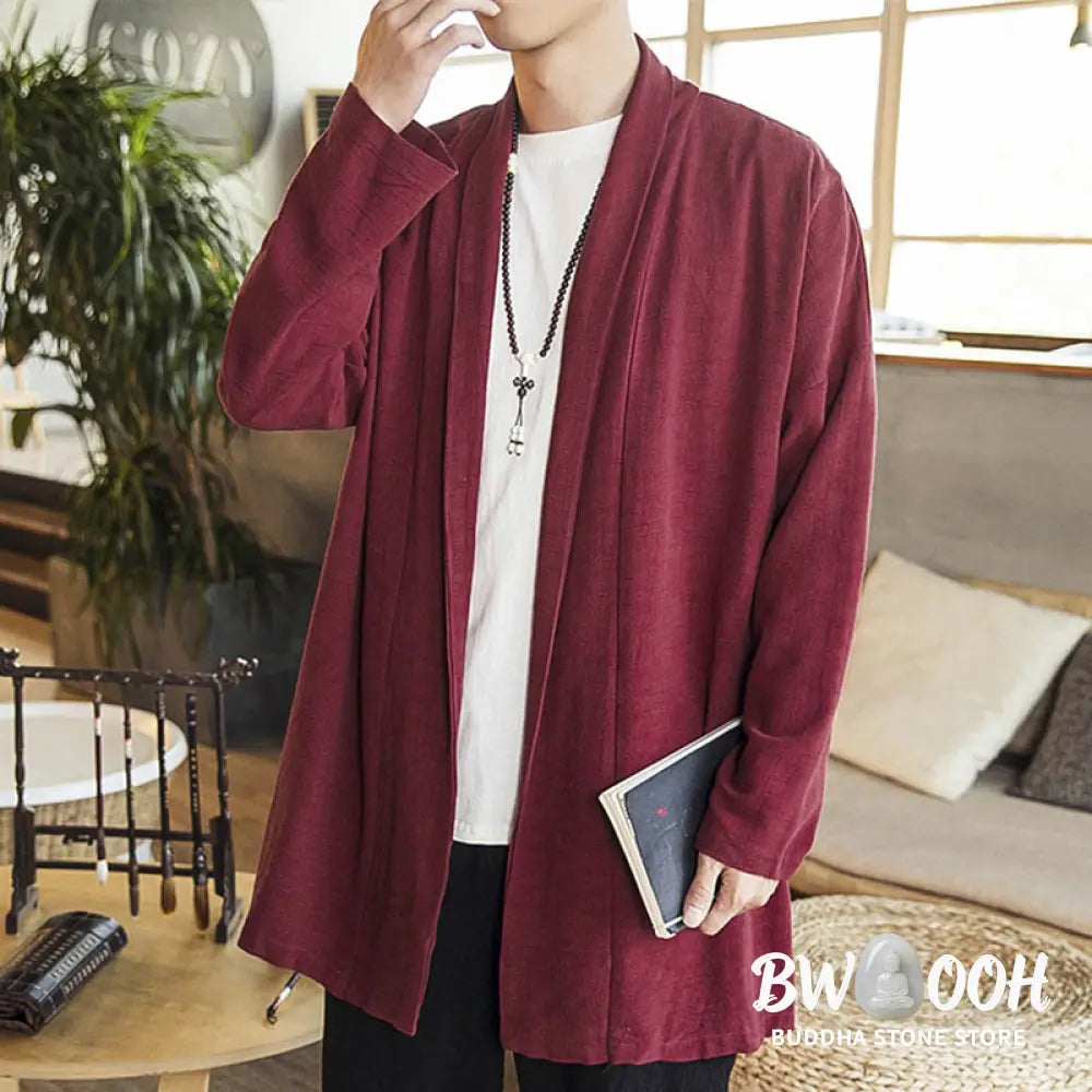 Buddha Stones Fall Simple Casual Cotton Linen Men’s Mid-length Coat Clothing - Men’s Coat
