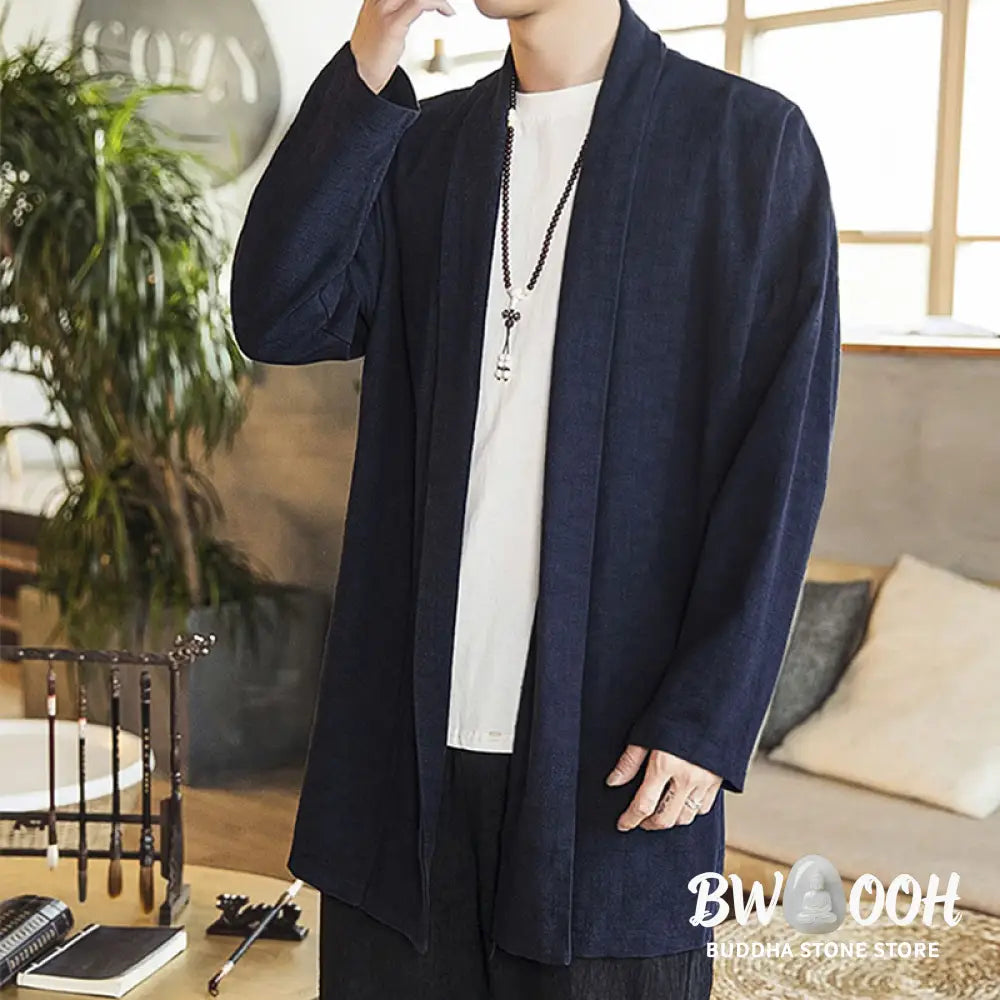 Buddha Stones Fall Simple Casual Cotton Linen Men’s Mid-length Coat Clothing - Men’s Coat
