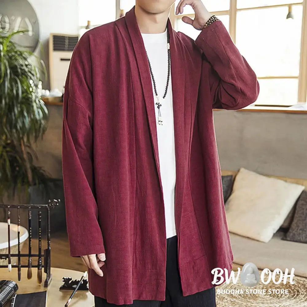 Buddha Stones Fall Simple Casual Cotton Linen Men’s Mid-length Coat Clothing - Men’s Coat