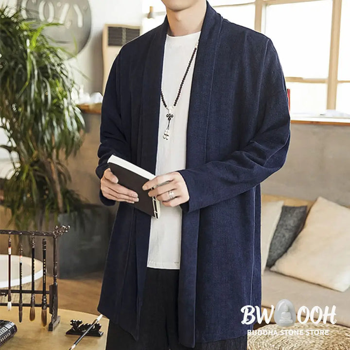 Buddha Stones Fall Simple Casual Cotton Linen Men’s Mid-length Coat Clothing - Men’s Coat