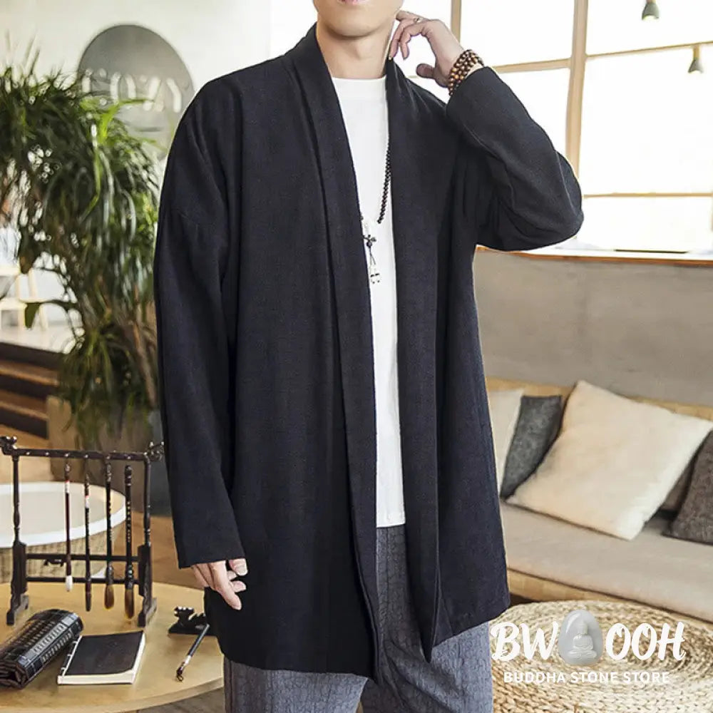 Buddha Stones Fall Simple Casual Cotton Linen Men’s Mid-length Coat Clothing - Men’s Coat