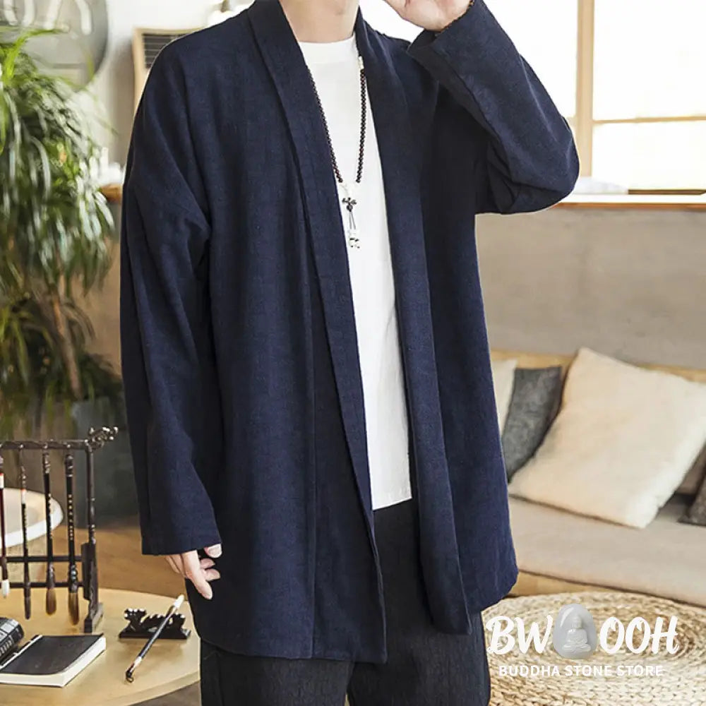 Buddha Stones Fall Simple Casual Cotton Linen Men’s Mid-length Coat Clothing - Men’s Coat