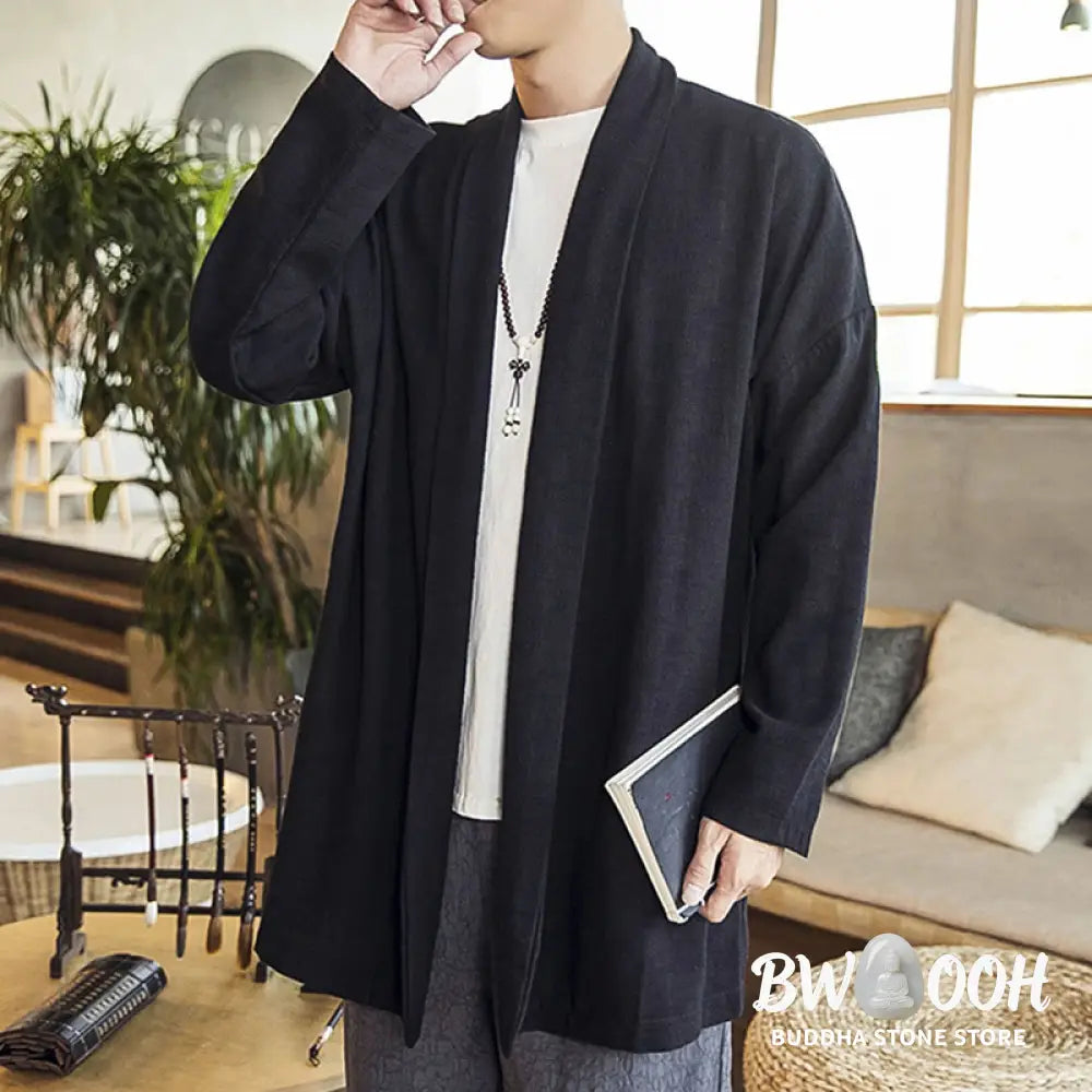 Buddha Stones Fall Simple Casual Cotton Linen Men’s Mid-length Coat Clothing - Men’s Coat
