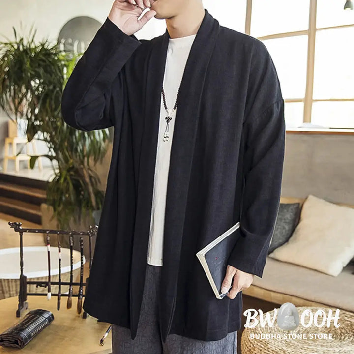 Buddha Stones Fall Simple Casual Cotton Linen Men’s Mid-length Coat Clothing - Men’s Coat