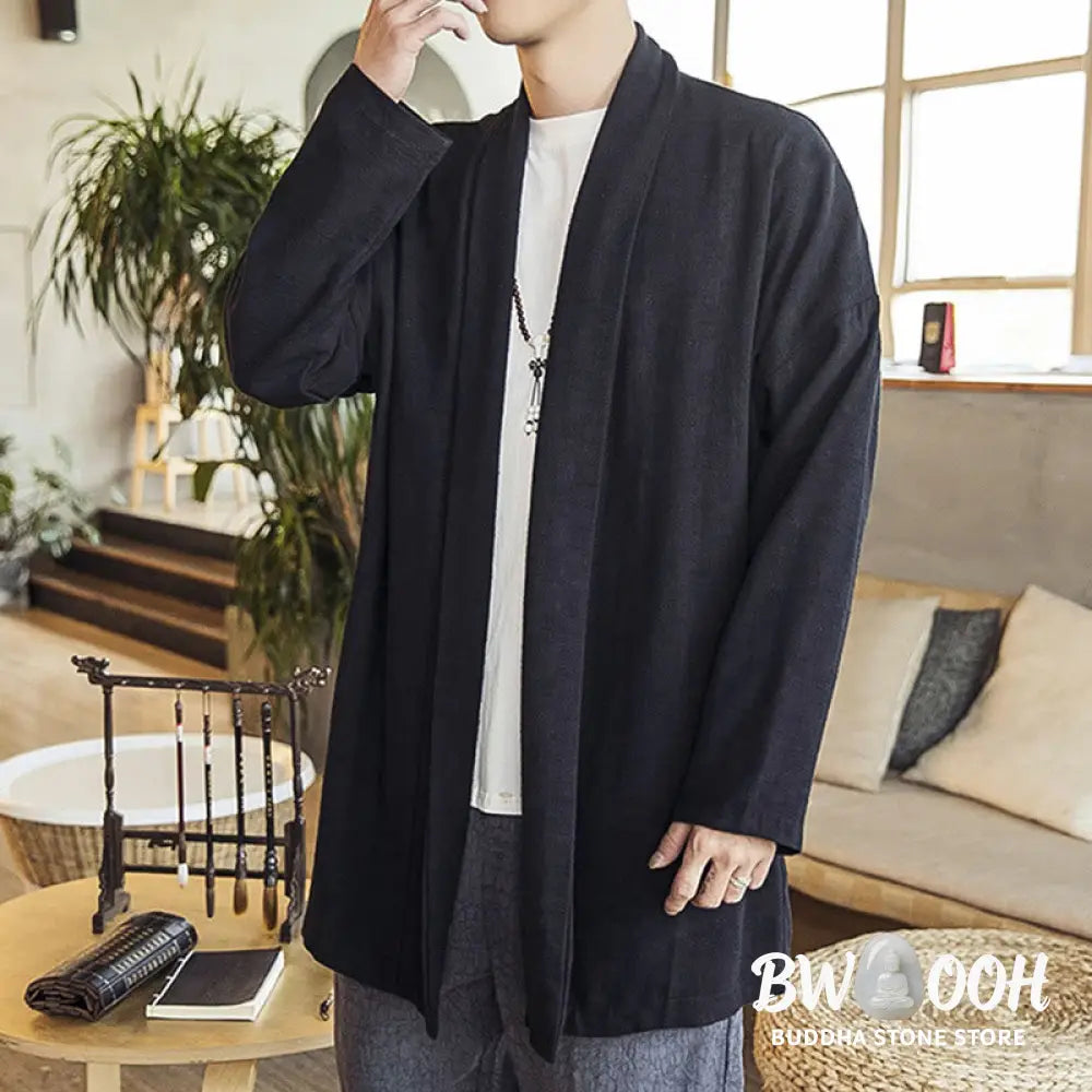 Buddha Stones Fall Simple Casual Cotton Linen Men’s Mid-length Coat Clothing - Men’s Coat