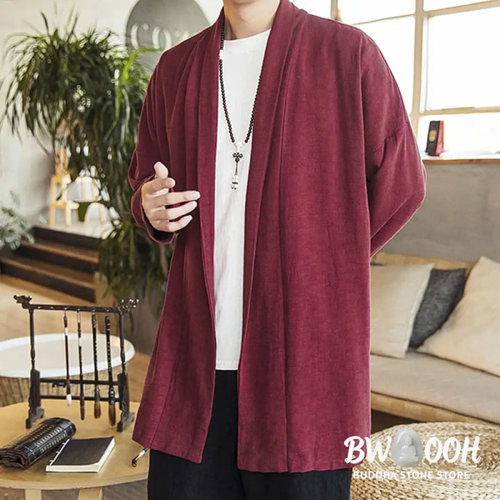 Buddha Stones Fall Simple Casual Cotton Linen Men’s Mid-length Coat Clothing - Men’s Coat