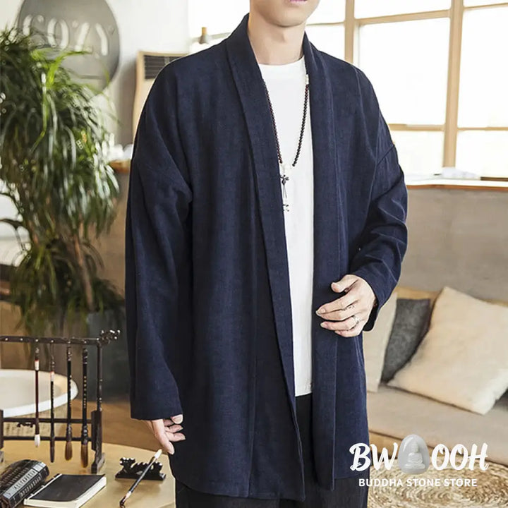 Buddha Stones Fall Simple Casual Cotton Linen Men’s Mid-length Coat Clothing - Men’s Coat