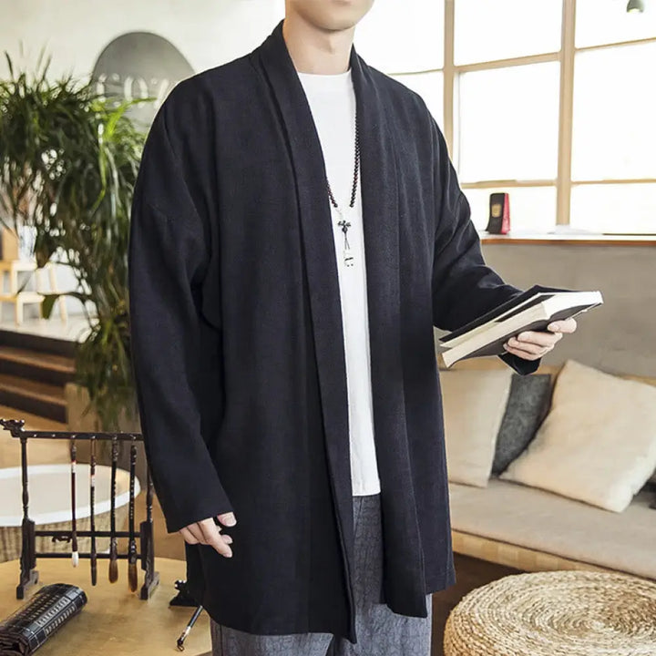 Buddha Stones Fall Simple Casual Cotton Linen Men’s Mid-length Coat Clothing - Black / US/UK/AU34，EU44 (M) - Men’s Coat