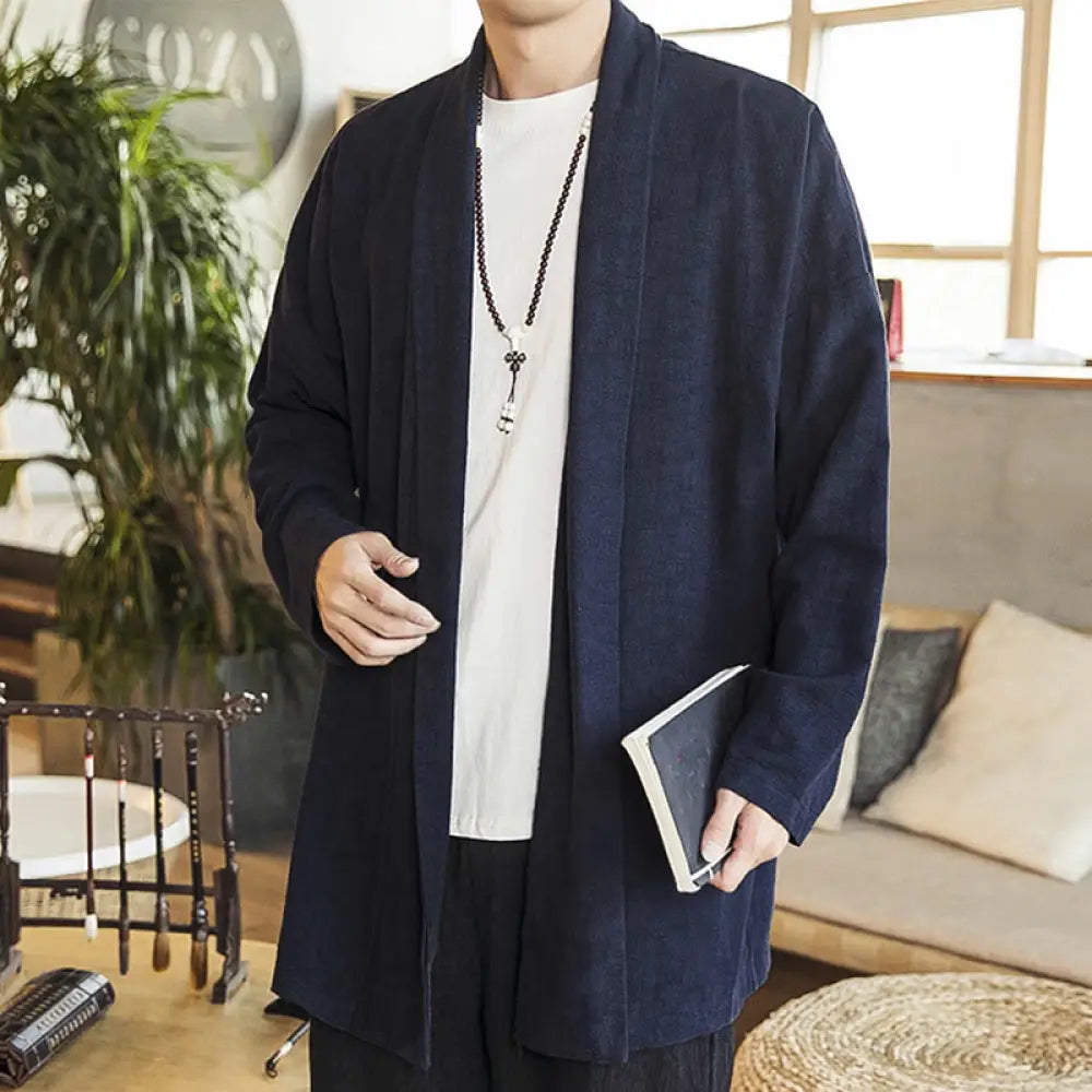 Buddha Stones Fall Simple Casual Cotton Linen Men’s Mid-length Coat Clothing - MidnightBlue / US/UK/AU34，EU44 (M)