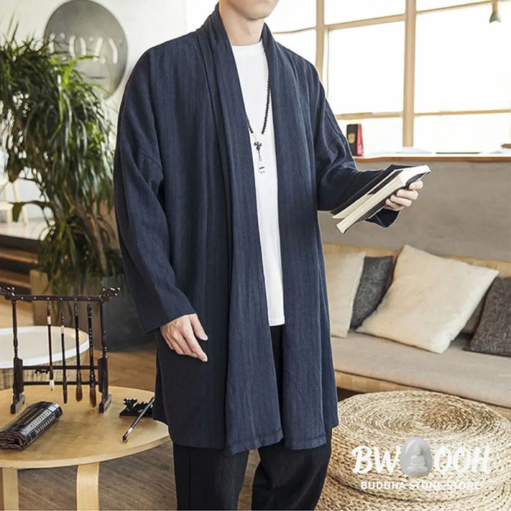 Buddha Stones Fall Simple Casual Loose Plain Linen Blend Men’s Mid-length Coat Clothing - Men’s Coat