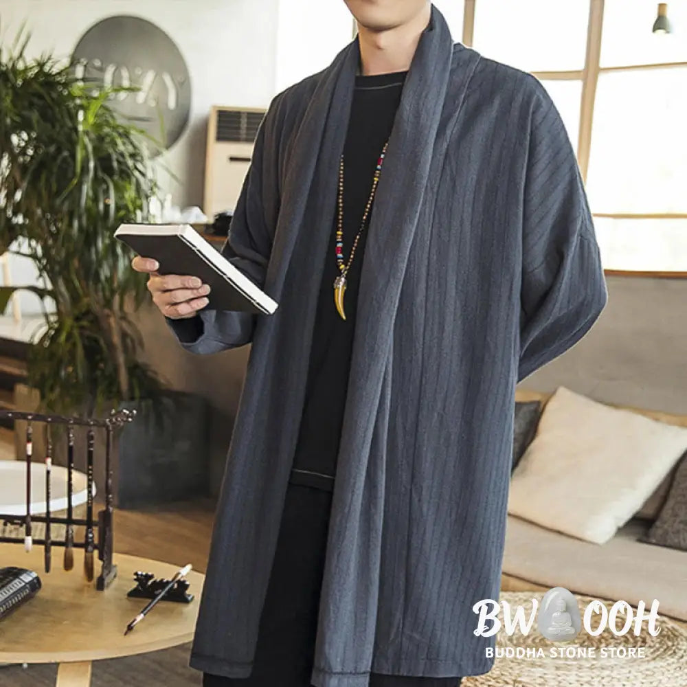 Buddha Stones Fall Simple Casual Loose Plain Linen Blend Men’s Mid-length Coat Clothing - Men’s Coat
