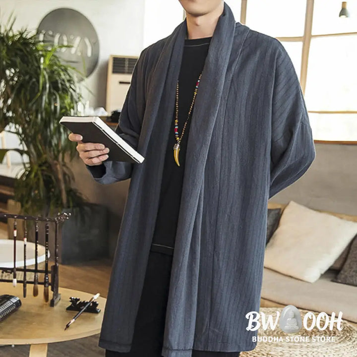 Buddha Stones Fall Simple Casual Loose Plain Linen Blend Men’s Mid-length Coat Clothing - Men’s Coat