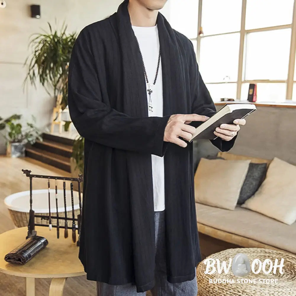 Buddha Stones Fall Simple Casual Loose Plain Linen Blend Men’s Mid-length Coat Clothing - Men’s Coat
