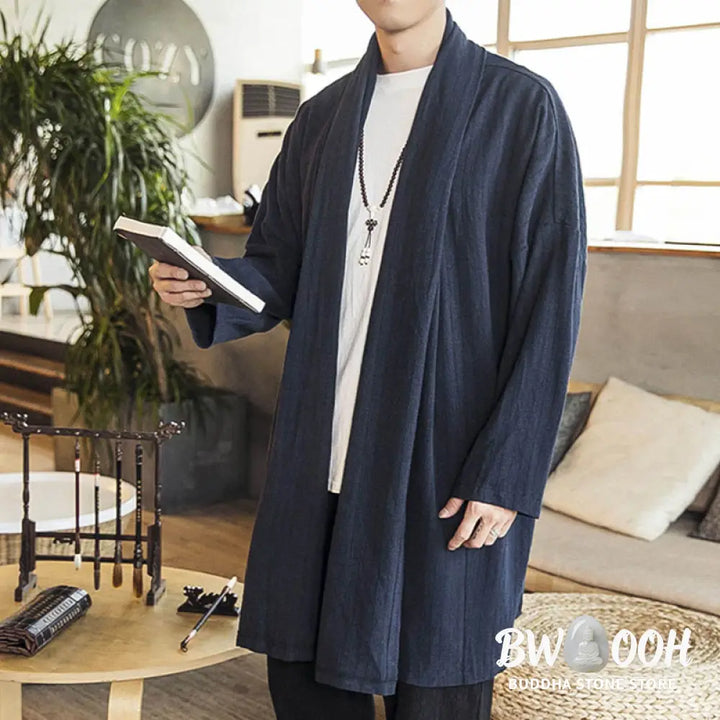 Buddha Stones Fall Simple Casual Loose Plain Linen Blend Men’s Mid-length Coat Clothing - Men’s Coat