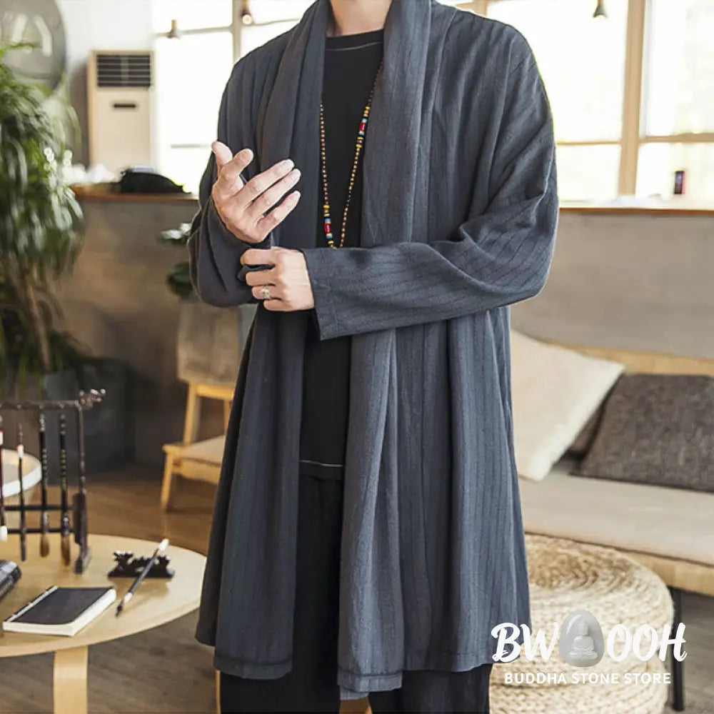 Buddha Stones Fall Simple Casual Loose Plain Linen Blend Men’s Mid-length Coat Clothing - Men’s Coat