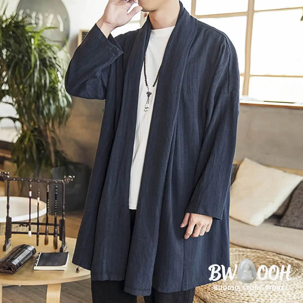 Buddha Stones Fall Simple Casual Loose Plain Linen Blend Men’s Mid-length Coat Clothing - Men’s Coat