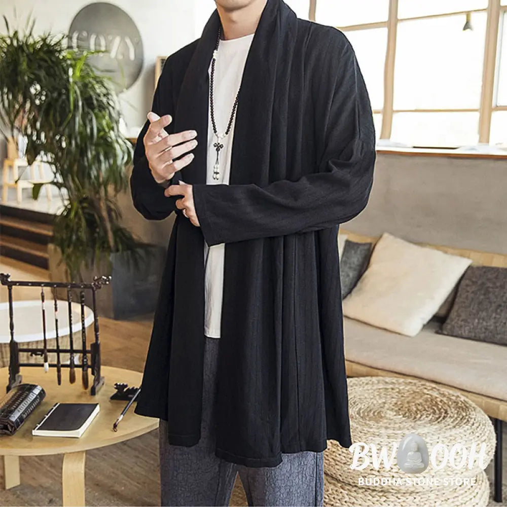 Buddha Stones Fall Simple Casual Loose Plain Linen Blend Men’s Mid-length Coat Clothing - Men’s Coat