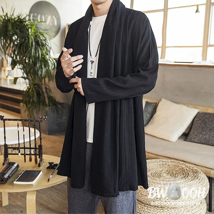 Buddha Stones Fall Simple Casual Loose Plain Linen Blend Men’s Mid-length Coat Clothing - Men’s Coat