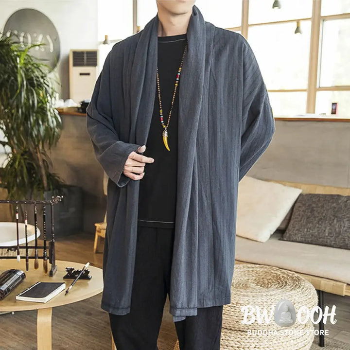 Buddha Stones Fall Simple Casual Loose Plain Linen Blend Men’s Mid-length Coat Clothing - Men’s Coat