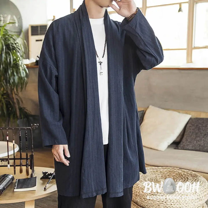 Buddha Stones Fall Simple Casual Loose Plain Linen Blend Men’s Mid-length Coat Clothing - Men’s Coat